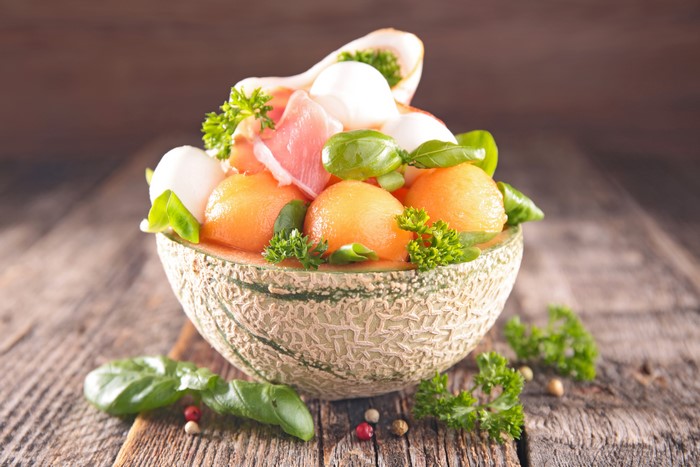 Cantaloupe bowl with prosciutto and mozzarella