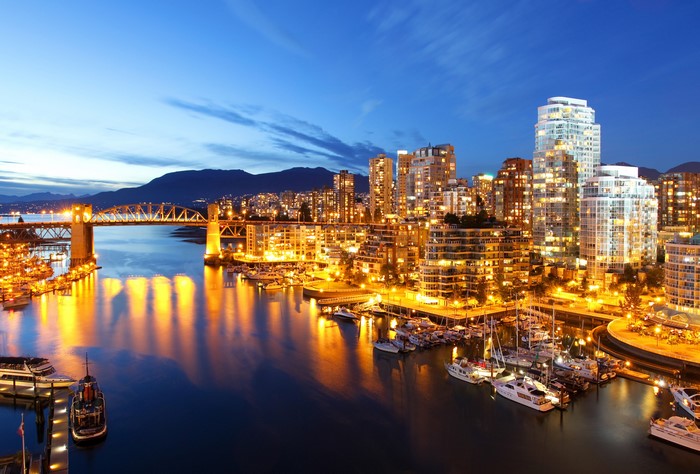 Vancouver skyline and bridge at night