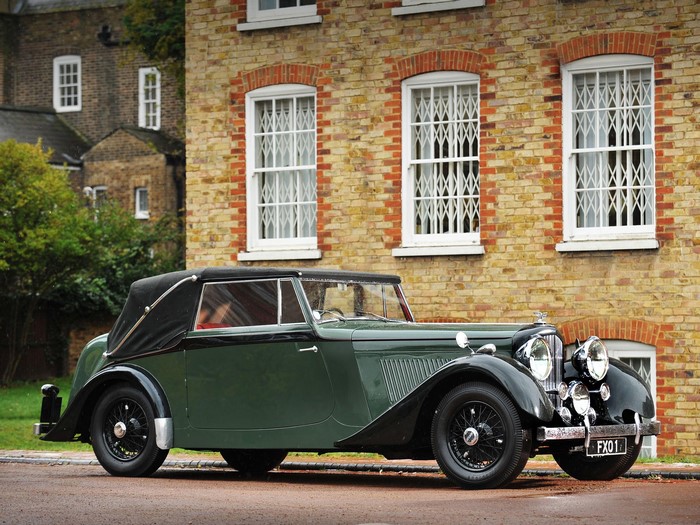 Green Bentley convertible parked in front of a brick building