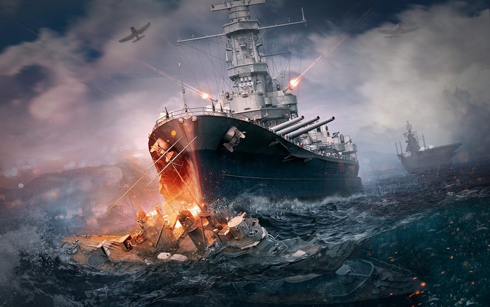 Battleship engaged in naval combat in World of Warships