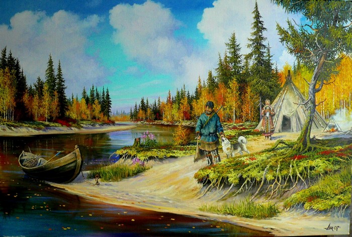 Painting of a man and woman in traditional clothing by a river