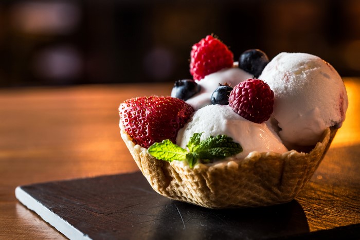 Ice cream with berries in a waffle bowl