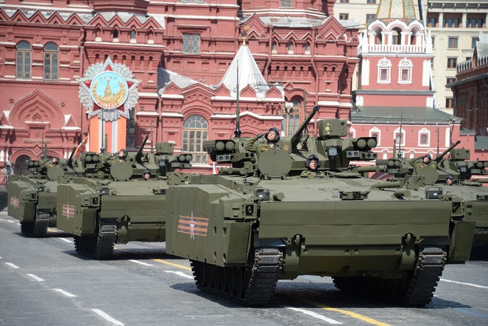 Armored vehicles in a military parade in Moscow