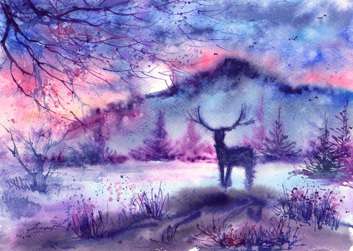 Watercolor painting of a deer in a purple forest
