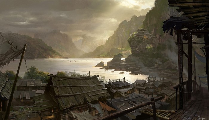 Painting of a village by a river with mountains