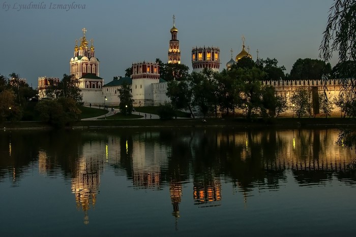 Novodevichy Monastery reflected in a river at dusk, Moscow, Russia