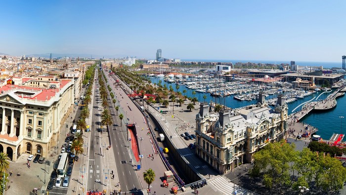Barcelona waterfront with marina and buildings