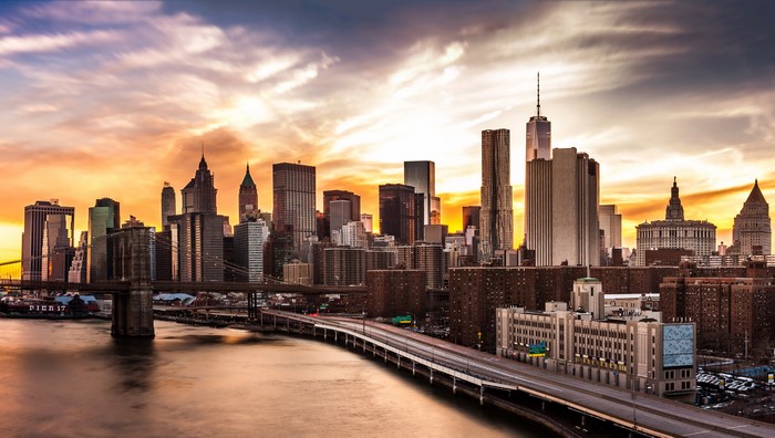 New York City Skyline and Brooklyn Bridge at Sunset