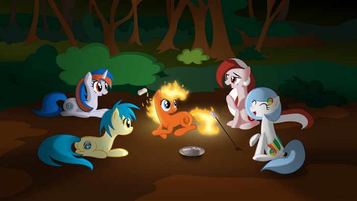My Little Pony characters around a campfire