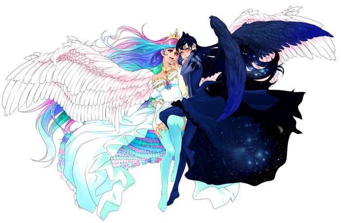 Two winged figures, one light and one dark