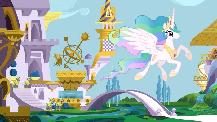 Princess Celestia flying over Canterlot with unicorns and bridges