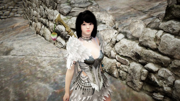 Brunette girl from Black Desert with sword and stones