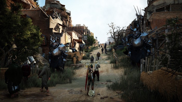 Warriors in armor in a village in Black Desert