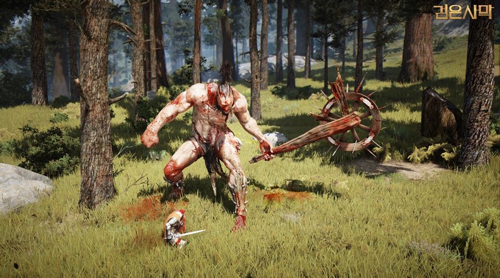 Giant monster with battle axe fighting a warrior in Black Desert