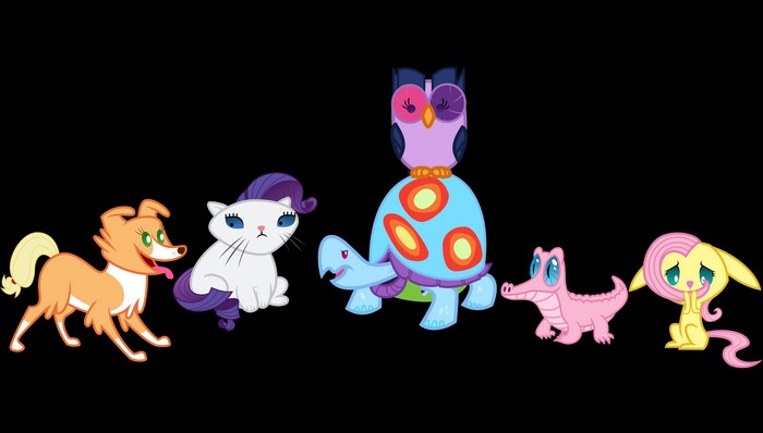 My Little Pony characters: dog, cat, turtle, crocodile, and pony
