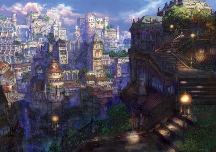 Fantasy city with ornate architecture and glowing lanterns