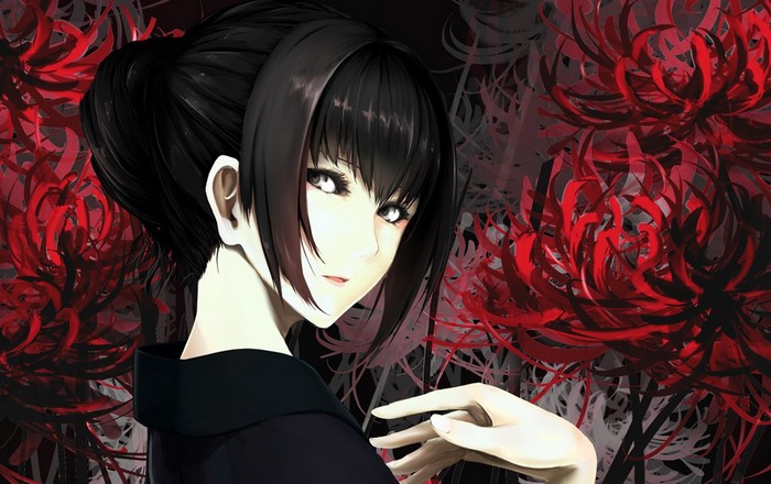 Brunette girl with red spider lilies