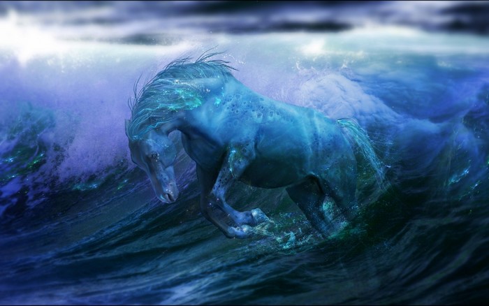 A blue horse emerges from ocean waves