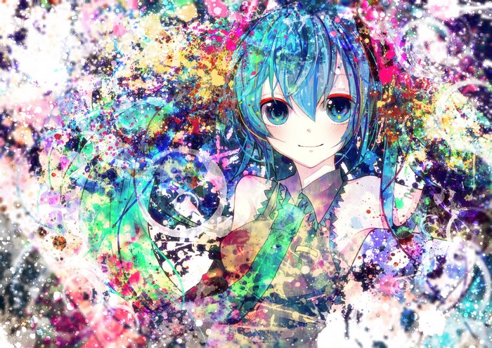 Hatsune Miku from Vocaloid with colorful paint splatters