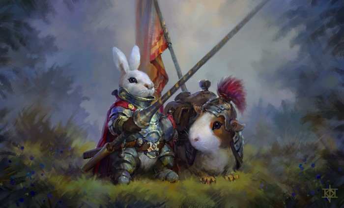 Rabbit and Guinea Pig Knights in Armor with Spears