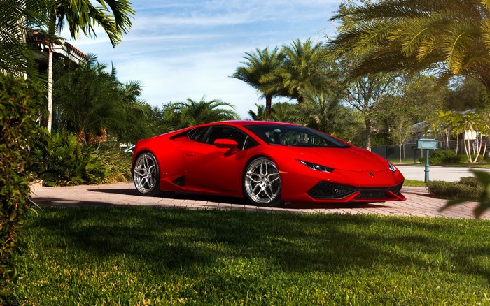 Red Lamborghini Huracan on a driveway with palm trees