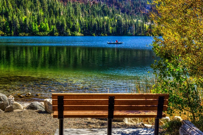 Bench overlooking June Lake, California