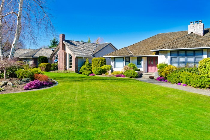 Houses with manicured lawns and landscaping