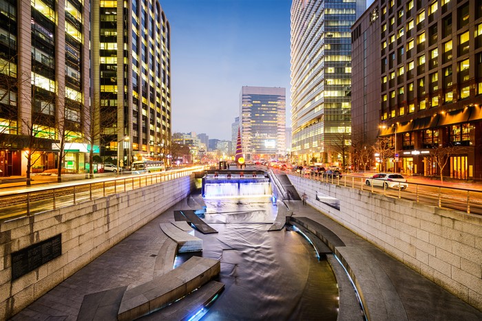 Cheonggyecheon Stream in Seoul, South Korea at Night