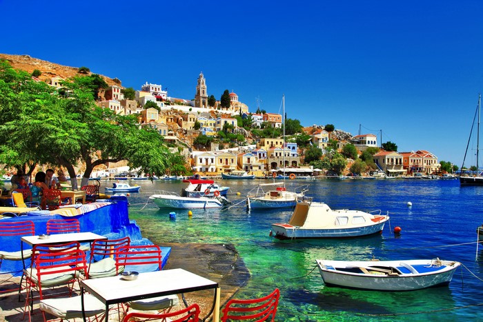 Boats in Symi island harbor, Greece