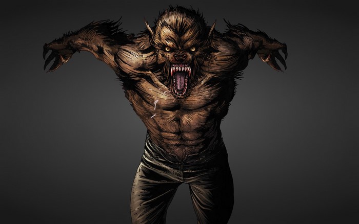 A terrifying werewolf with sharp teeth and glowing eyes