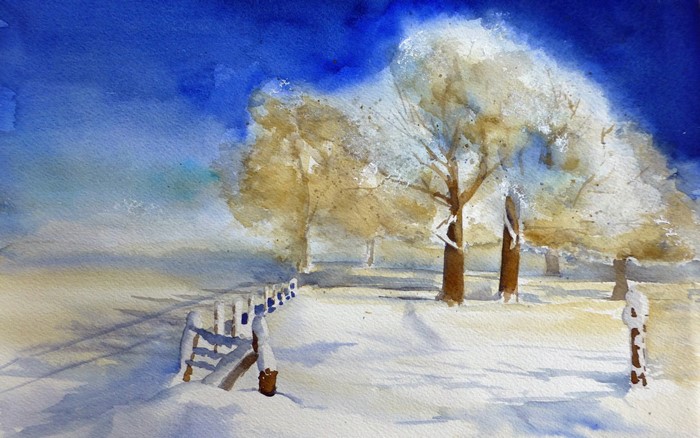 Watercolor painting of a snowy landscape with trees and a fence