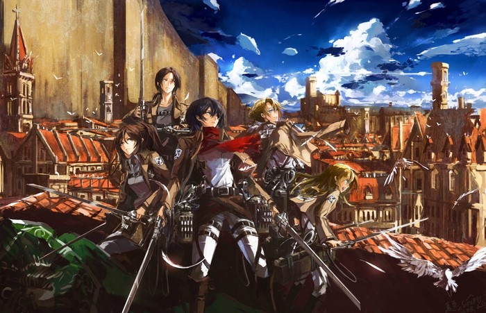 Attack on Titan characters in a city