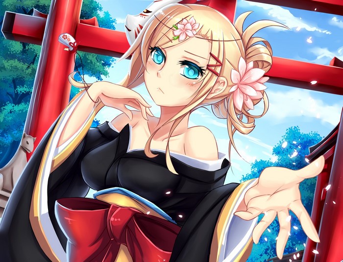 Anime girl in kimono with fox mask