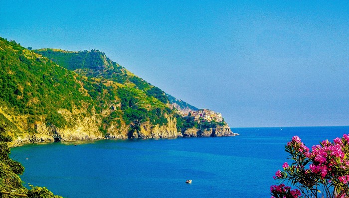 Cinque Terre, Italy Coastline with Village and Flowers