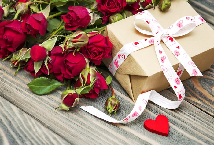 Red Roses and Gift Box with Heart Ribbon