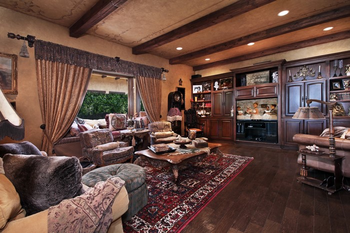 Living room with carpet and curtains