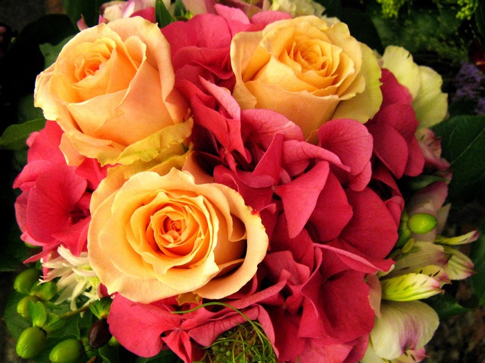 Peach Roses and Pink Hydrangea Bouquet