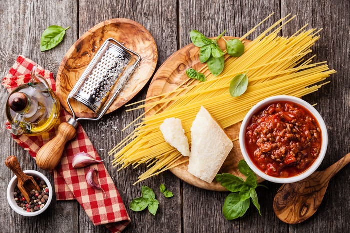 Still-life of Spaghetti, Bolognese Sauce, and Ingredients