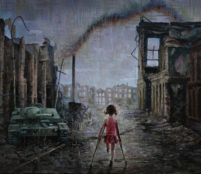 Girl on crutches in destroyed city with tank
