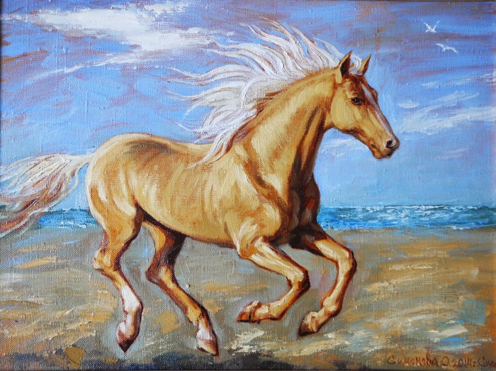 Olga Simonova's painting of a horse running on a beach
