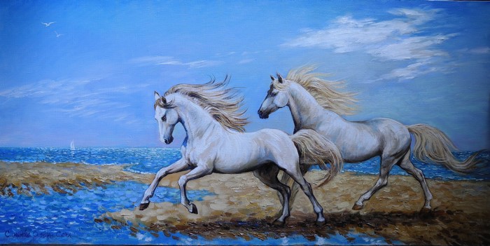 Two white horses running on a beach by Olga Simonova