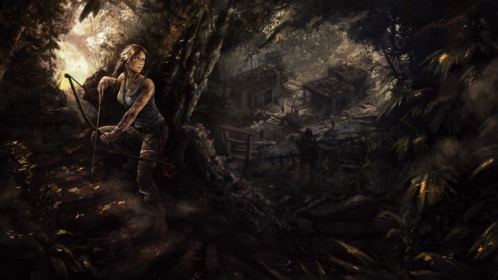 Lara Croft from Tomb Raider with bow in jungle