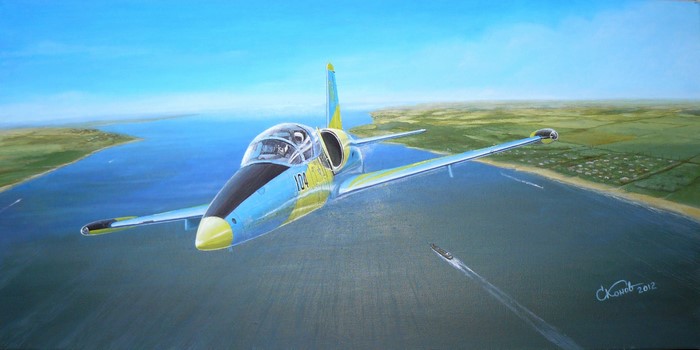 L-39 Albatros fighter jet flying over water