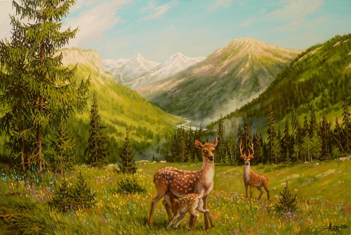 Andrew Lyakh's painting of deer in a mountain valley