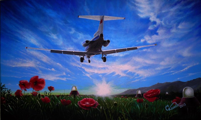 Yak-40 airplane landing in a poppy field