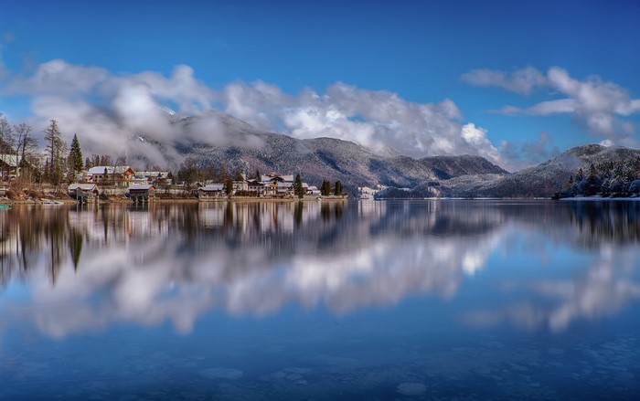 Walchensee Lake in Bavaria, Germany with Mountains and Clouds