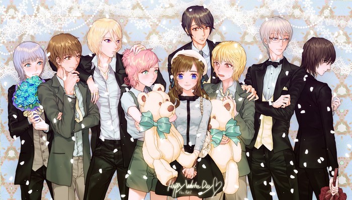 Group of young men and women with teddy bears and flowers