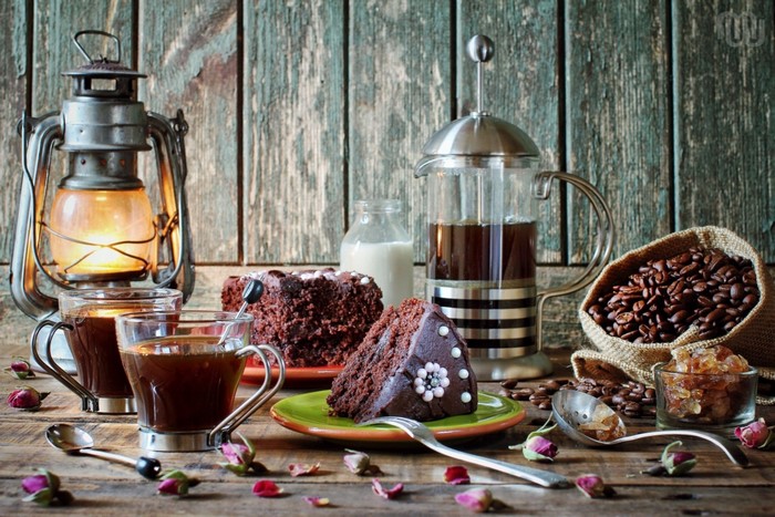 Coffee, Cake, and Kerosene Lamp Still Life