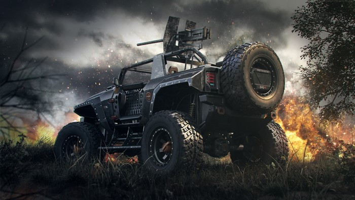 Armored Hummer with mounted gun in fiery background
