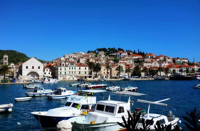 Hvar Island, Croatia: Boats in a Harbor with Town